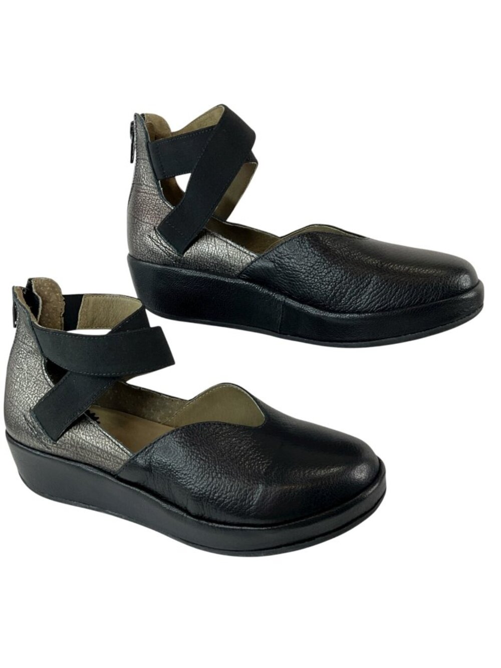 Fly London Shoes Womens Sz 6.5 Eu 37 Blk Silver Leather Mary Jane Wedge New $229
